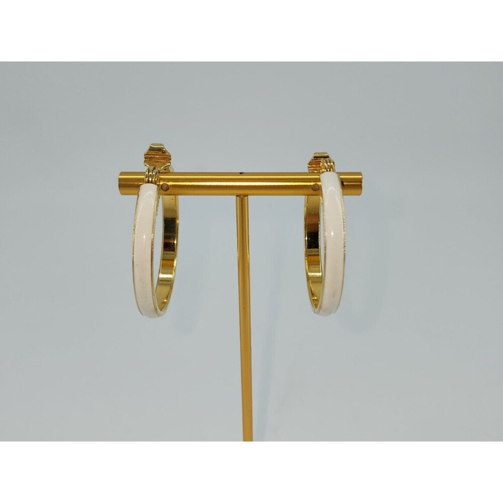 Vintage‎ MONET Slim Gold Tone White Enamel Clip On Hoop Earrings